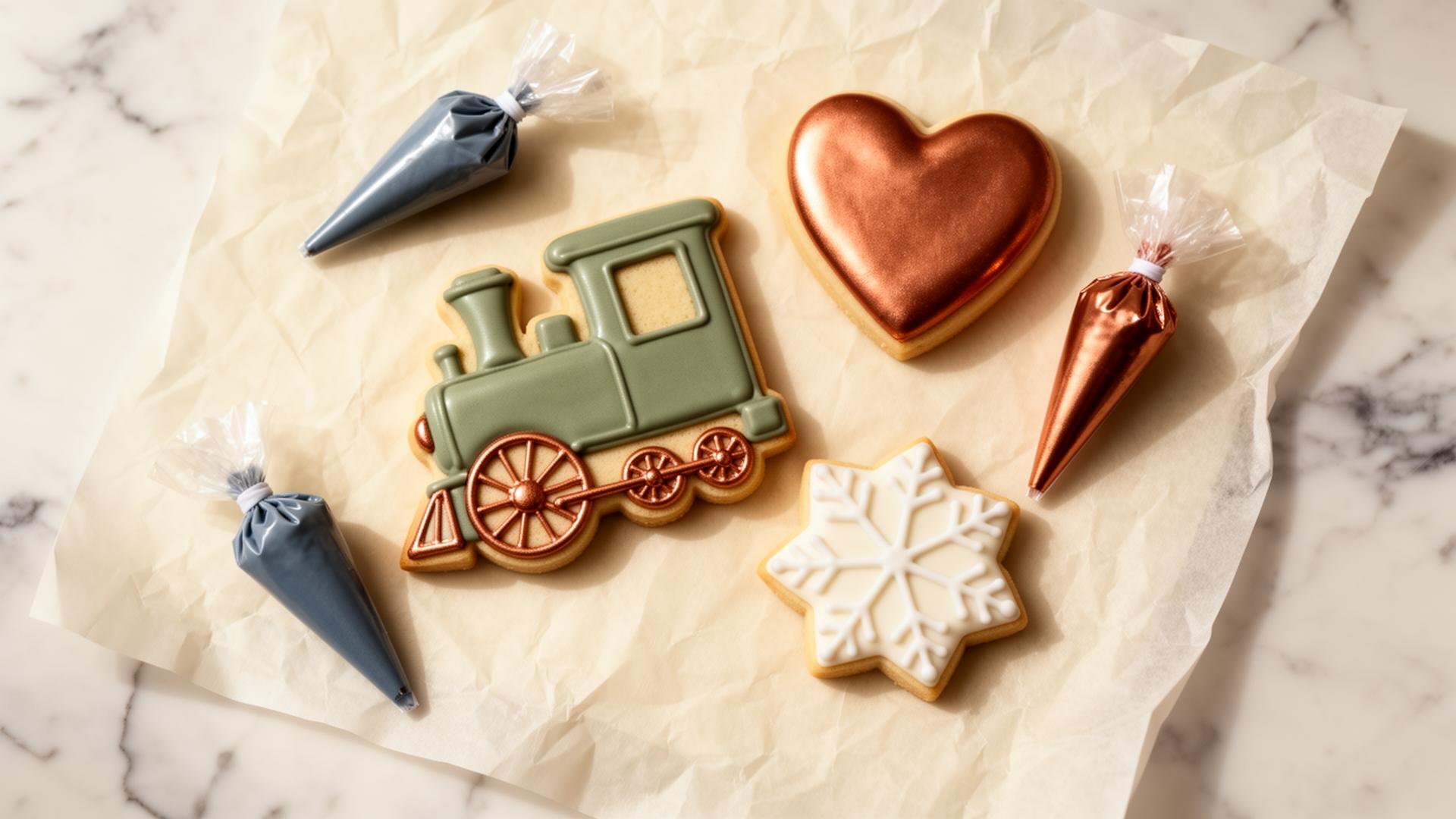 Decorated sugar cookies including a train, heart, and snowflake